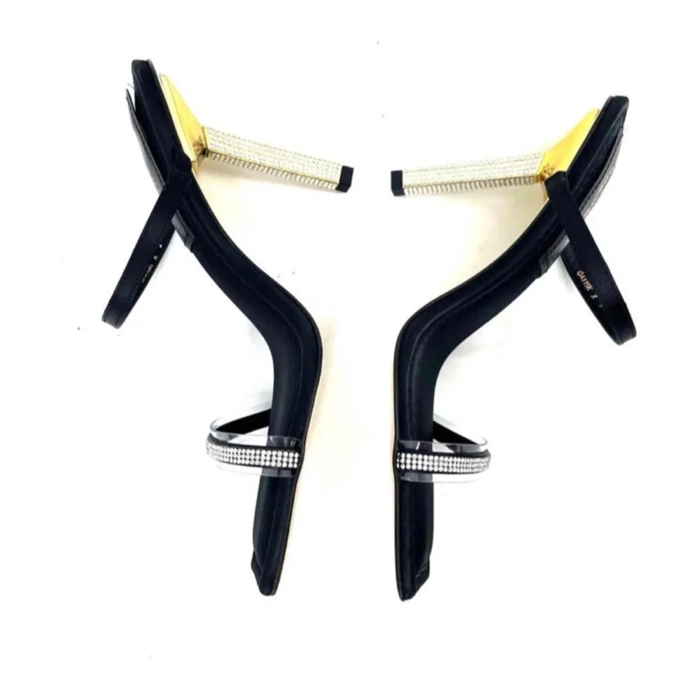 GOOD AMERICAN Open Square Toe Rhinestone Strappy Heels Black Satin Size 5.5 NIB‎ - Picture 5 of 10